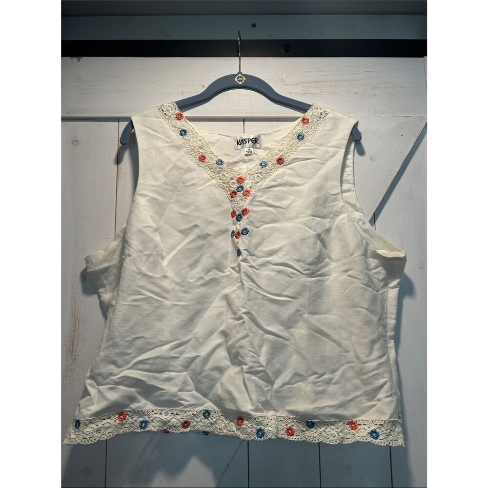 Kasper white Sleeveless floral Embroidered linen blend V-Neck Camisole size 18